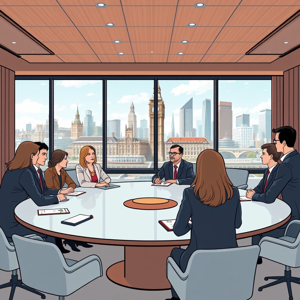 A professional meeting room with a round table, where diverse individuals are engaged in discussion. A large window shows a cityscape of London, with the Bank of England visible in the background. The atmosphere is formal and collaborative.