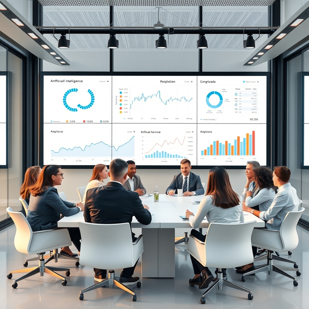 A diverse group of professionals engaged in a meeting, discussing artificial intelligence in financial services. The setting is a modern conference room with a large screen displaying data analytics and charts related to AI applications in finance.