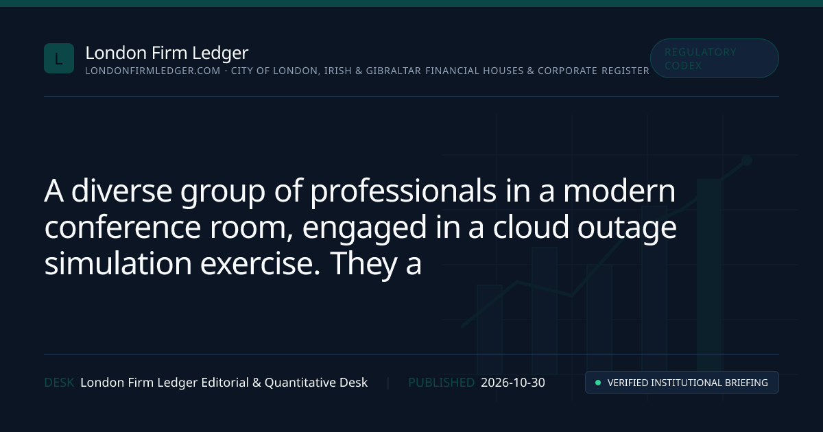 A diverse group of professionals in a modern conference room, engaged in a cloud outage simulation exercise. They are gathered around a large table with laptops and digital devices, discussing strategies and solutions. A large screen displays a cloud network diagram with various nodes and connections.